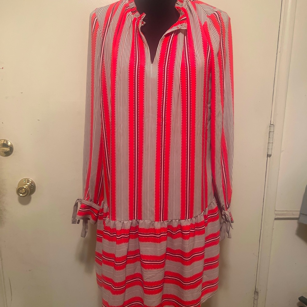 Ann Taylor loft dress. Predominantly red with stripes. Lined. Drop waist stitch